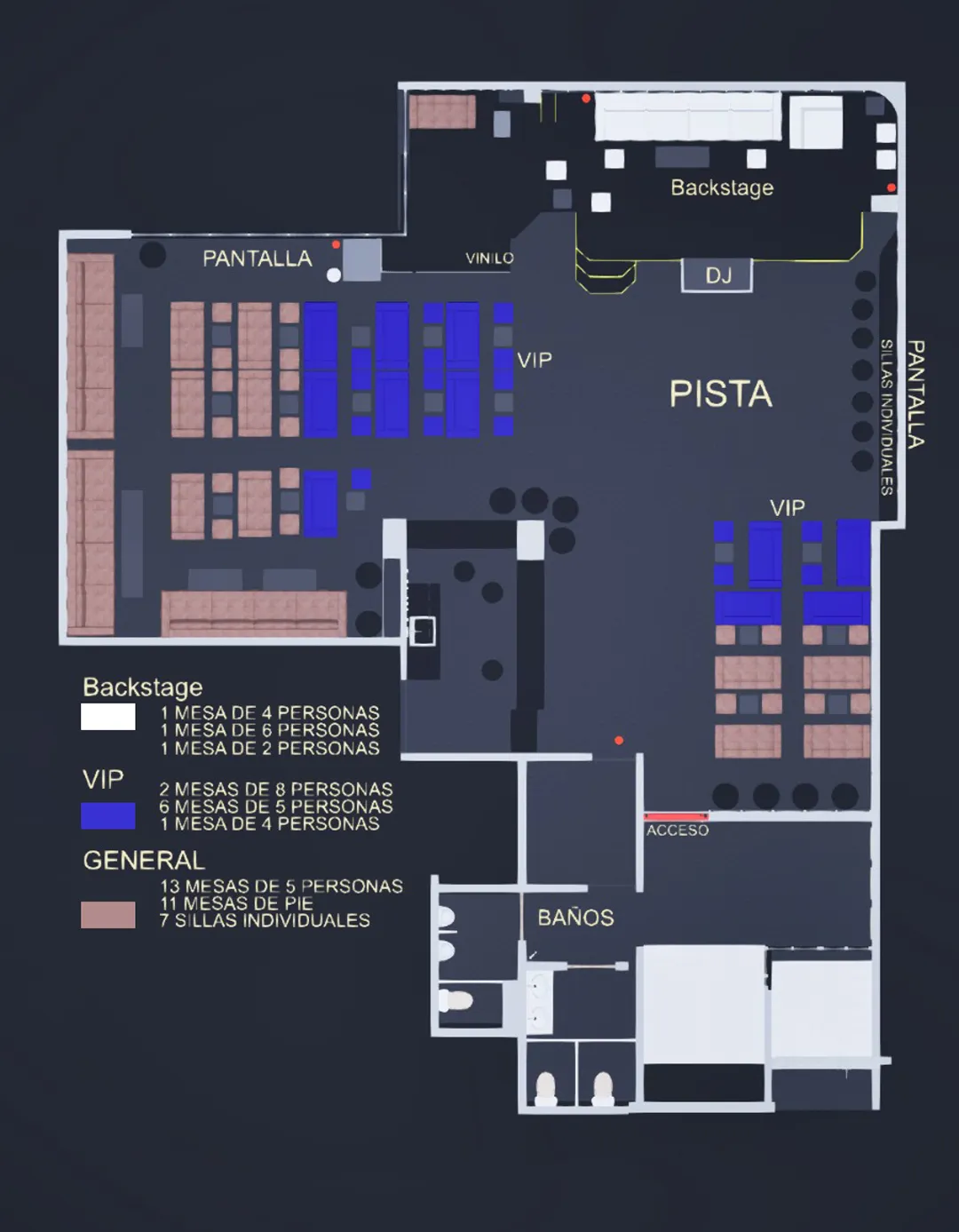 Plano de Clandestino con las zonas Backstage, VIP y General